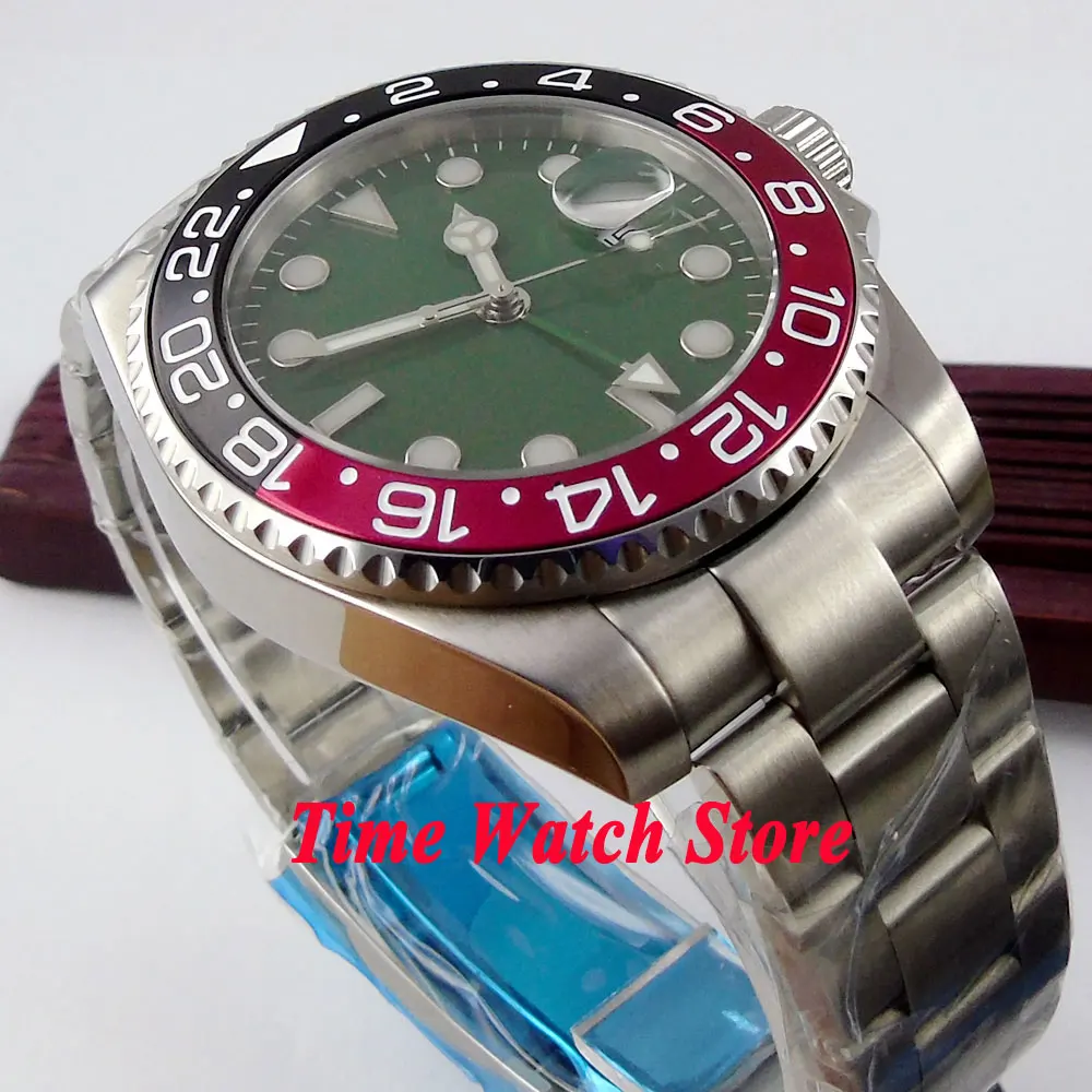Мужские часы Bliger зеленые стерильные черные красные Безель сапфировое стекло GMT