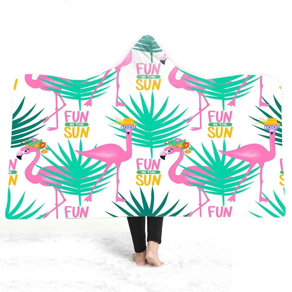 Tropical Plant Flamingo Hooded Blanket Sherpa Fleece Ocean Blue Wearable Plush Throw On Bed Sofa Thick Warm Home Textile | Дом и сад