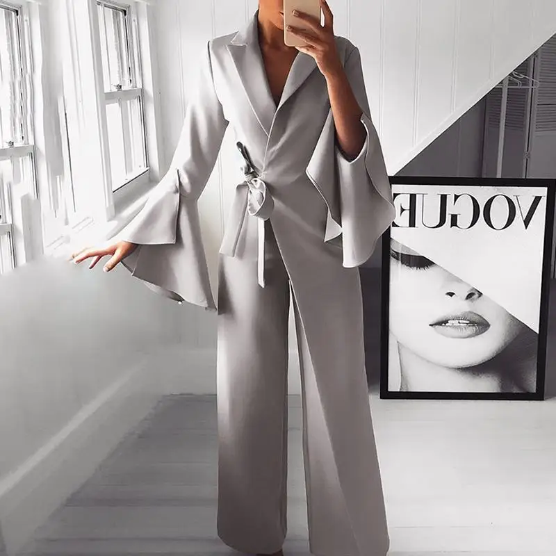 

Flare sleeve wide leg pants long jumpsuit women autumn fashion elegant workwear formal party romper Belted knot side jumpsuit