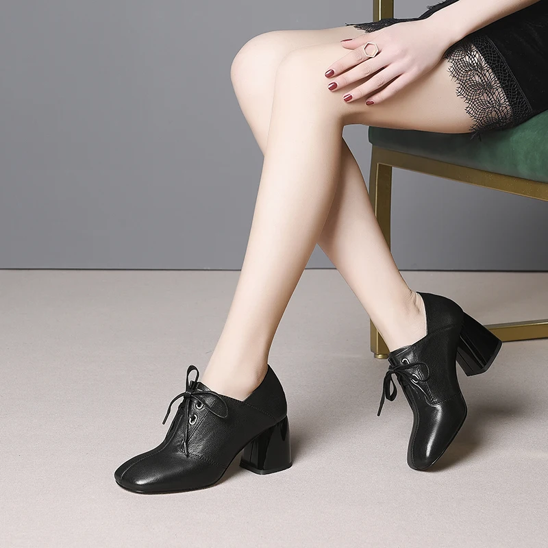 Женские туфли-лодочки на толстом высоком каблуке ISNOM офисная обувь шнуровке с