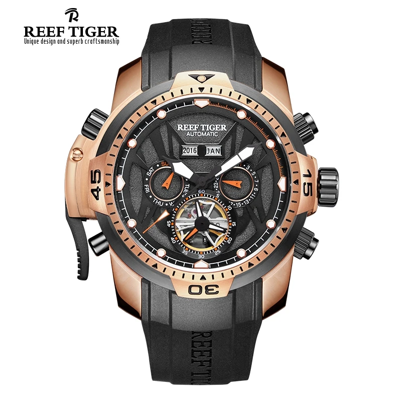 Спортивные мужские часы Reef Tiger/RT, большие часы из розового золота, модель года, водонепроницаемые военные часы, механические наручные часы RGA3532