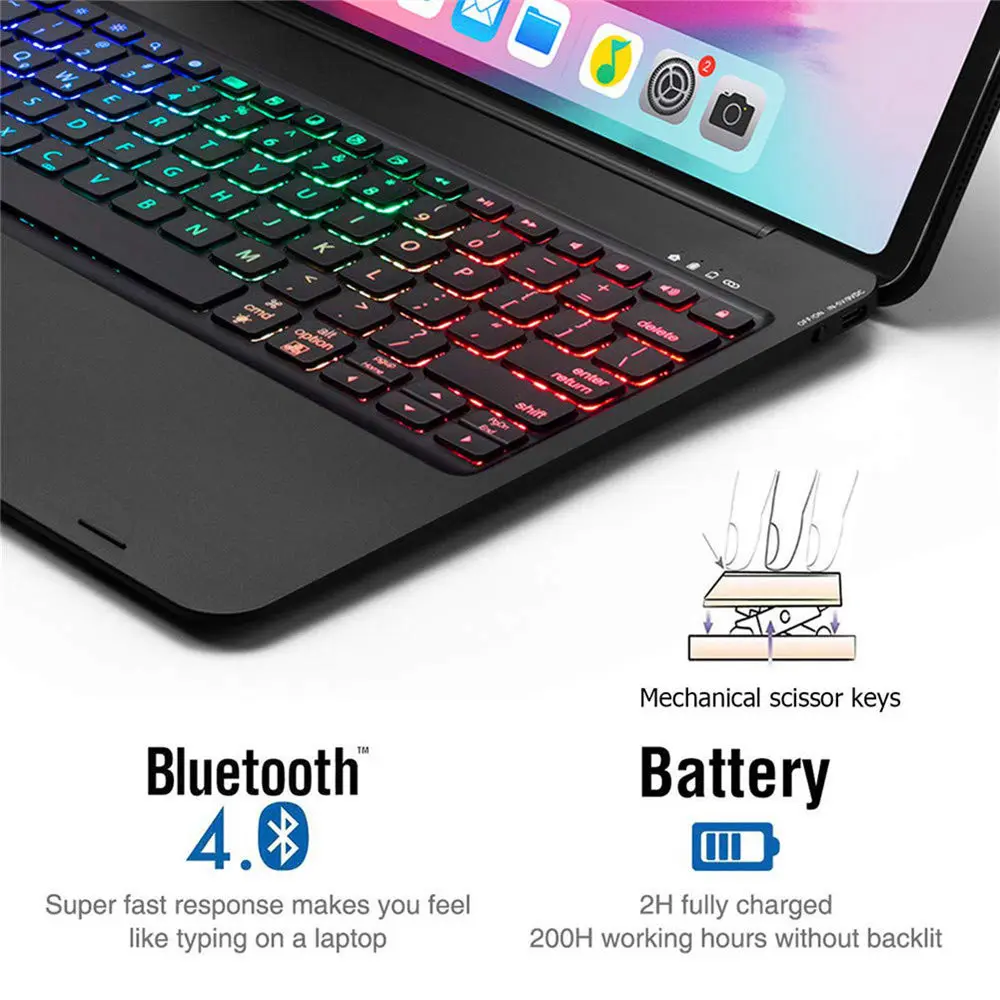 Для iPad Pro 12,9 3-го поворотного 360 градусов светодиодный беспроводной Bluetooth чехол с клавиатурой на русском/испанском/иврите