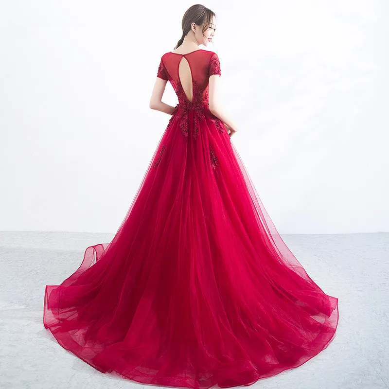 Robe De Soiree Longue 2020 винно красное вечернее платье длинное Тюлевое с аппликацией из