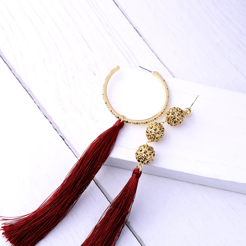 2018 Popular 2 Color Red&ampBlue Tassel Cotton Thread Crystal Ethnic Earrings Handmade Asymmetric Bohemian Jewelry | Украшения и