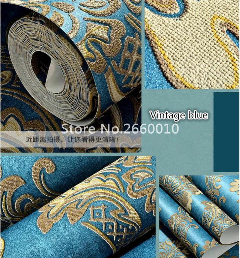

Vintage European Style Non-woven Flowers Damask Wallpaper Navy blue 3D Wall Paper Living Room Bedroom Wallpaper For Walls Papel