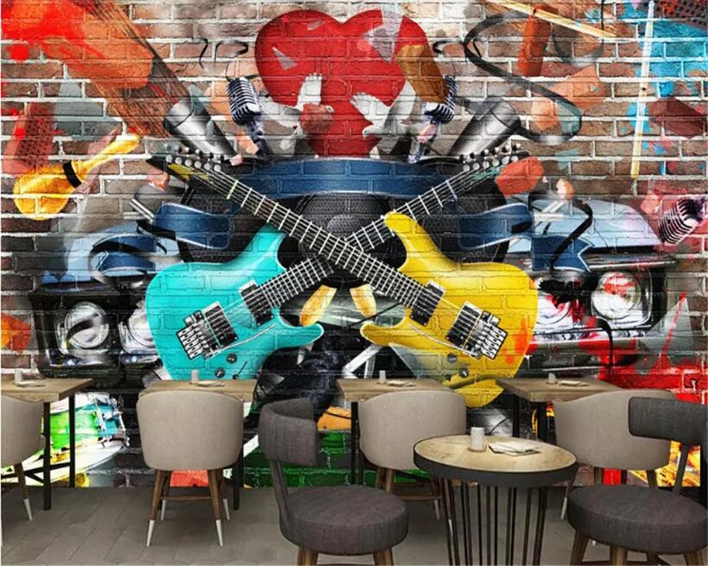 beibehang Custom Music fashion trend 3D stereo brick wall graffiti guitar bar KTV mural background wall decoration painting