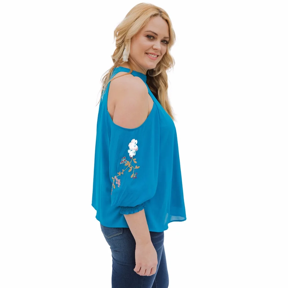 Chiffon Women Blouse Off Shoulder Half Sleeve Flower Embroidery Summer Shirts Casual Ladies Blusas Top TO0323 |