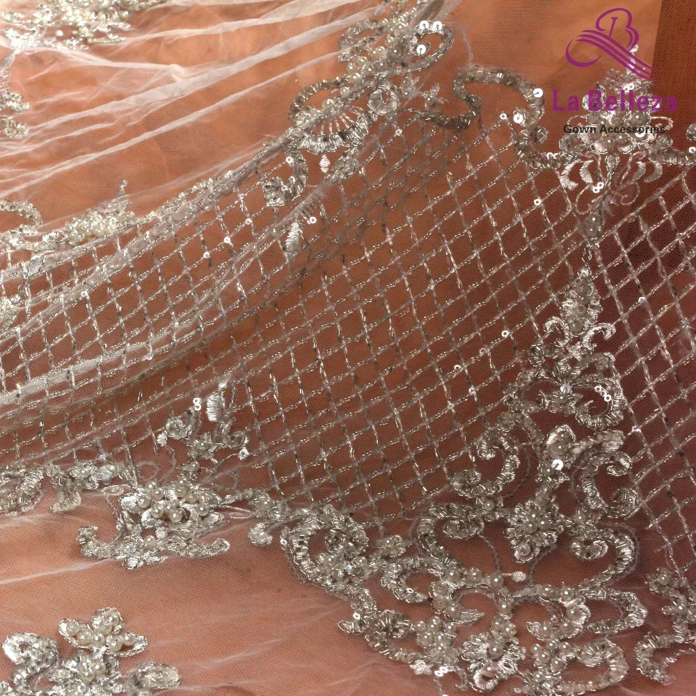 La Belleza Серебряная вышитая бисером кружевная ткань невесты ручной работы из бисера 1 ярд