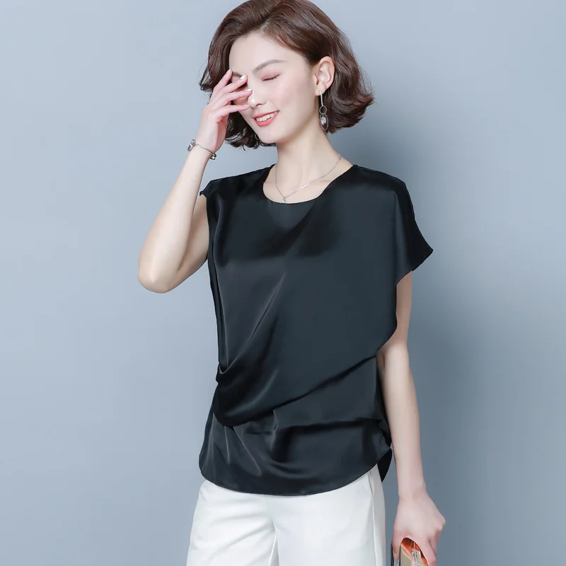 Корейская мода шелковые женские блузки с оборками рукав летучая мышь белые