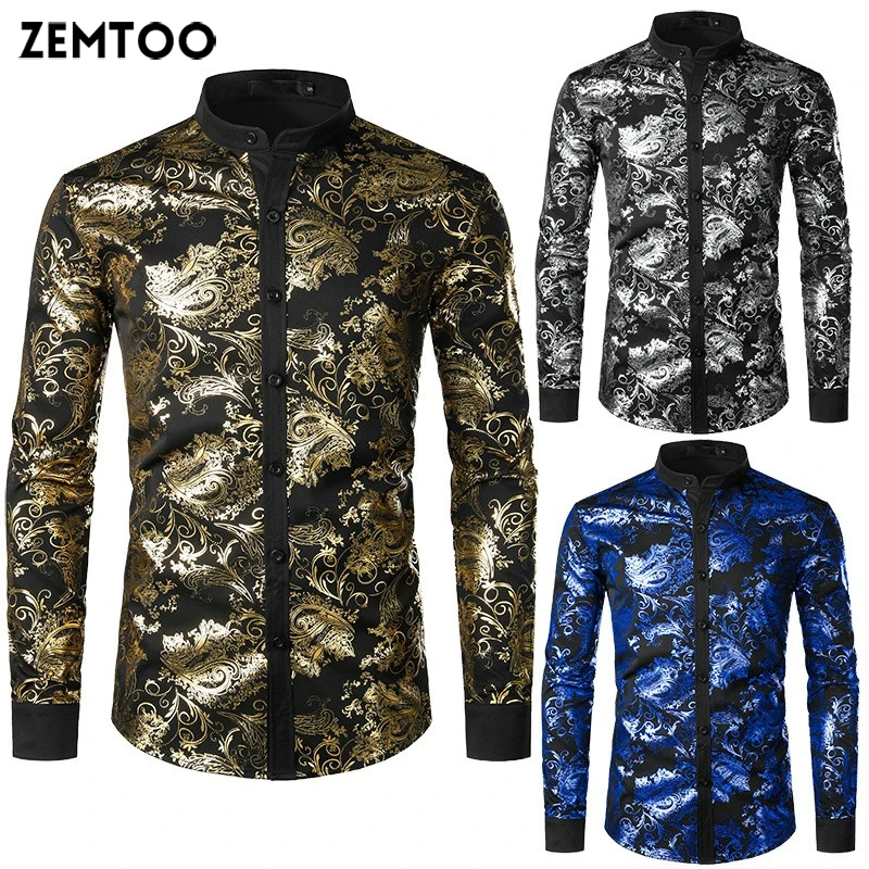 

ZEMTOO Men's Nightclub Casual Slim Shirt Business Hot Stamping Long Sleeve Top