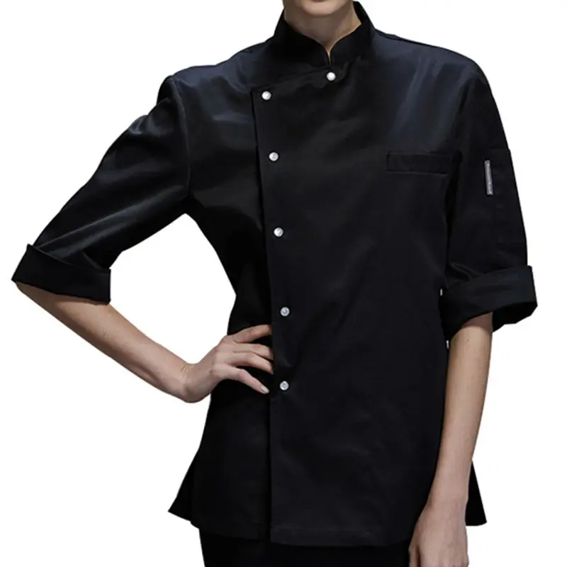 

Female Black White Poly Cotton Half Sleeve Shirt Hotel Restaurant Chef Uniform Bistro Catering Kitchen Staff Cook Work Wear B73