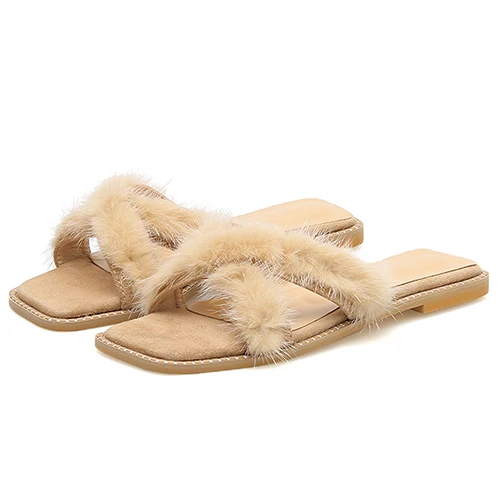 Gdgydh Real Fur Flat Slippers Women Summer Shoes Outside Slipper Lady Casual Beach Shoes Streetwear Black Apricot Slip On Cheap - Color: beige