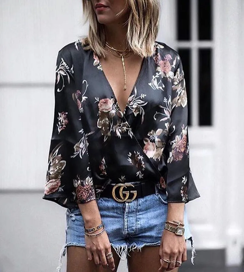 Summer Tops for Women 2018 Fashion Long Sleeve Loose Vintage Floral Print Blouse Ladies sexy clubwear Deep V Neck Casual Shirt |