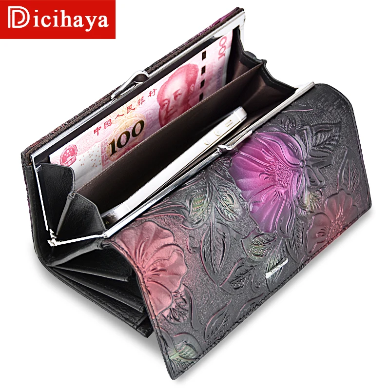 DICIHAYA, Новое поступление, женские кошельки, кожаный женский длинный кошелек, тиснение в виде цветка, Женский кошелек на застежке, зажим для денег, кошелек для карт, A142-911
