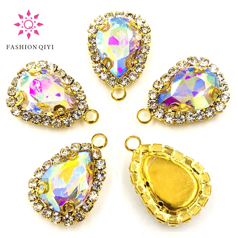 Кристаллическая пуговица, 10 шт./упаковка, 10 х14 мм, с Золотым дном, в форме капли, с одним отверстием, высокое качество, пришивные стразы, аксессуары для одежды