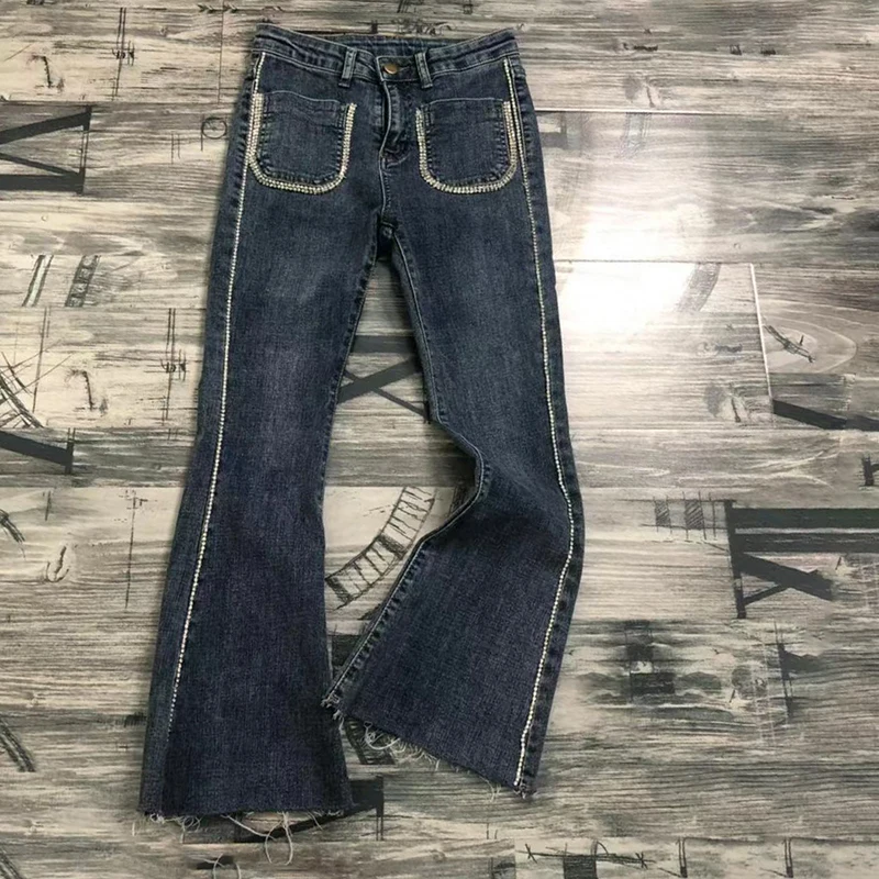 [LIVIVIO] Beadings Patchwork Jeans Women Fronts Pockets High Waist Denim Flare Pants Female Korean Autumn Fashion New