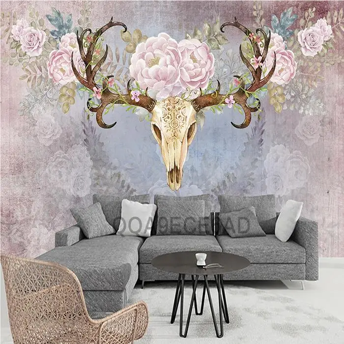 

Custom Size Photo Custom retro style elk skull background wall study office living room sofa TV leisure bar wallpaper mural