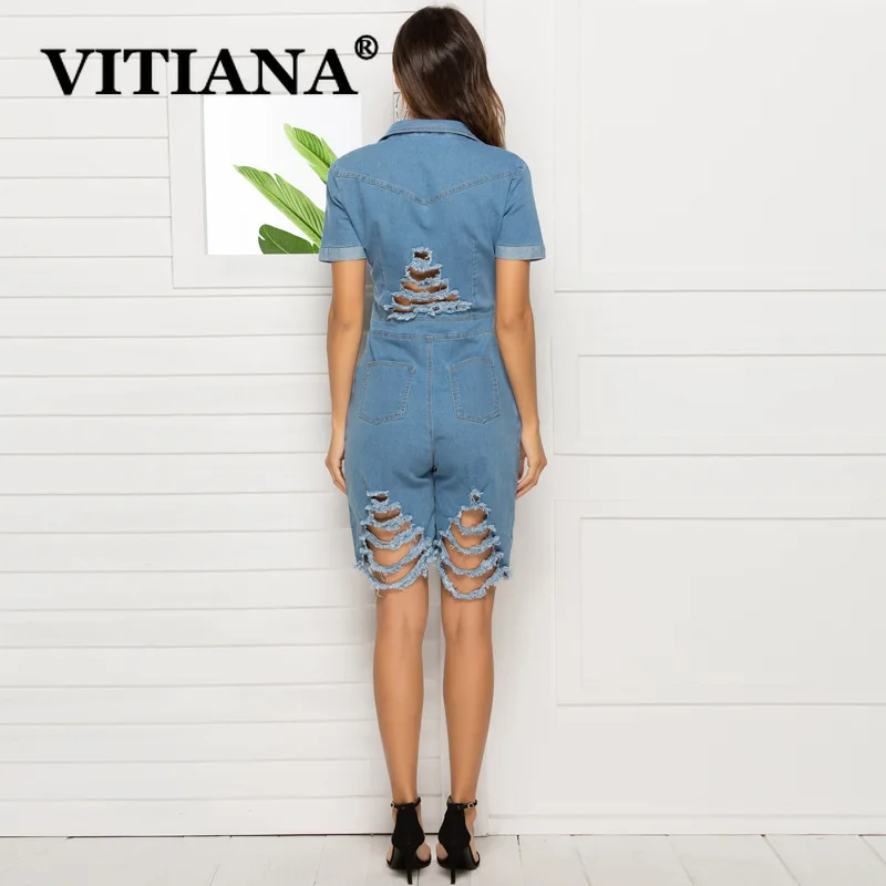 VITIANA Women Casual Denim Playsuits Summer 2019 Female Short Sleeve Pockets Buttons Hollow Out Playsuit Streetwear Rompers|Комбинезоны c
