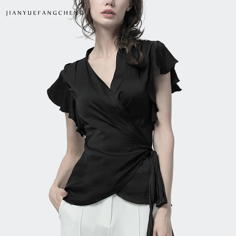 Silk Blouse Women Tunic Tops With Belt Crossed Lace Up Summer Cardigan Short Sleeve Sexy V-Neck Slim Black Women' Shirt