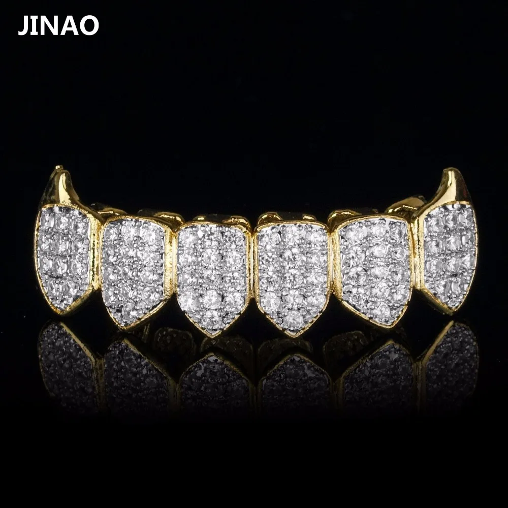 JINAO из чистого золота Цвет & посеребренные в стиле хип хоп Grillz Micro Pave CZ Золотой Клык