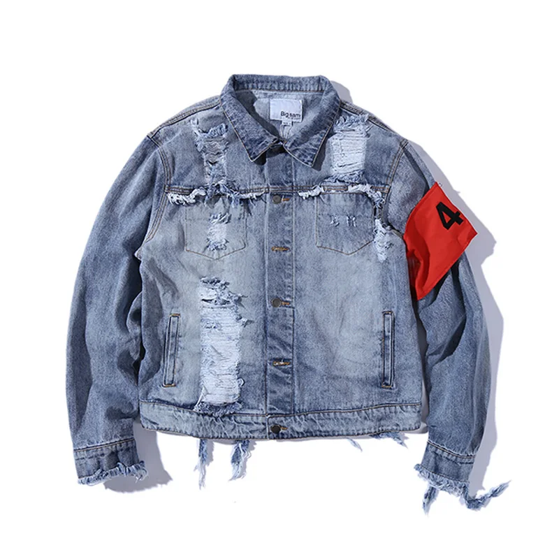 Мужская джинсовая куртка на молнии с потертостями в стиле панк винтажная