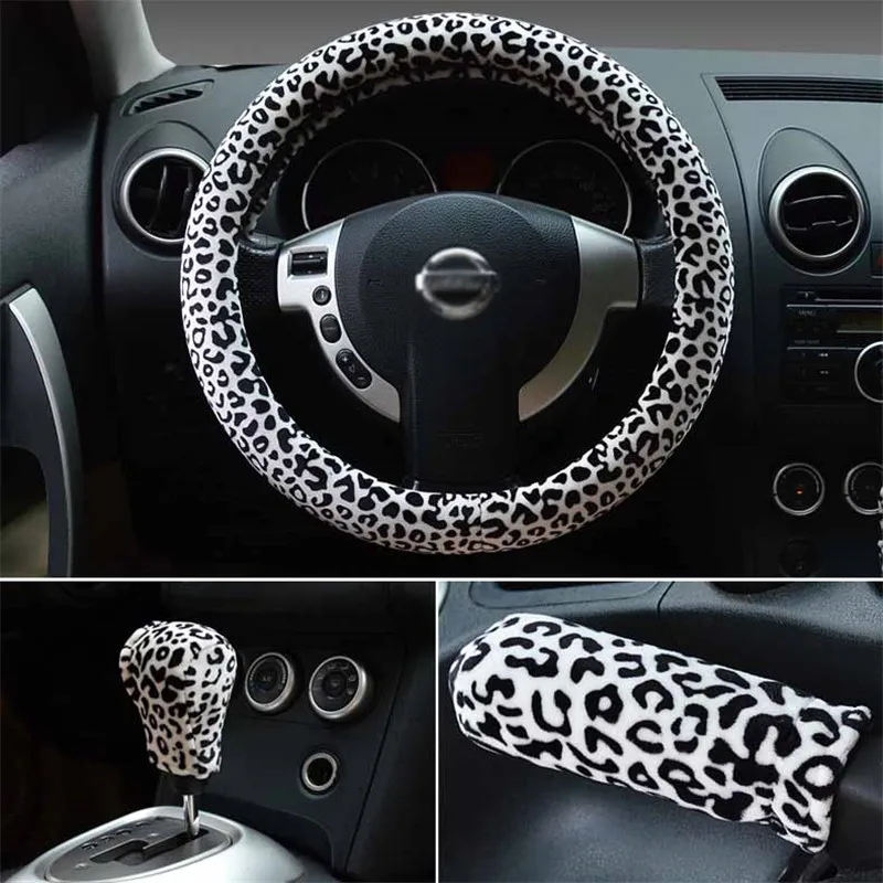 Steering Wheel Cover Handbrake cover Warm Short Soft Plush Gear Shift Collar Covers Sets Leopard print Car Interior Accessories |