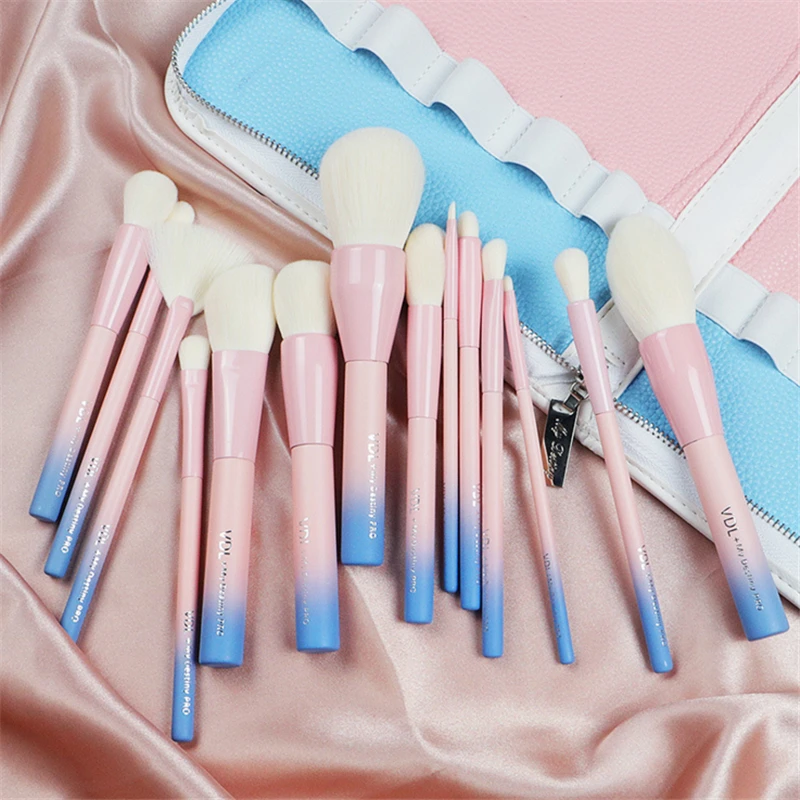 

VDL + My Destiny Pro 14Pcs Makeup Brush Set Fashion Gradient Pink Powder Blush Brush Complete Makeup Tool Kit With Leather Bag