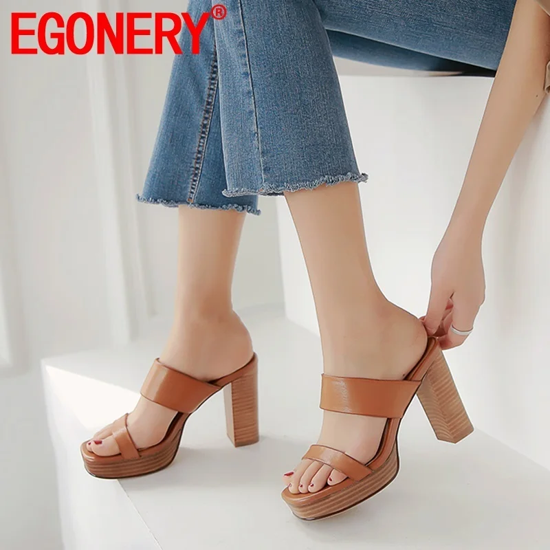 

EGONERY Woman Shoes 2019 Summer New Fashion Sexy Super High Heels Platform Woman Slippers Outside Handmade Genuien Leather Shoes