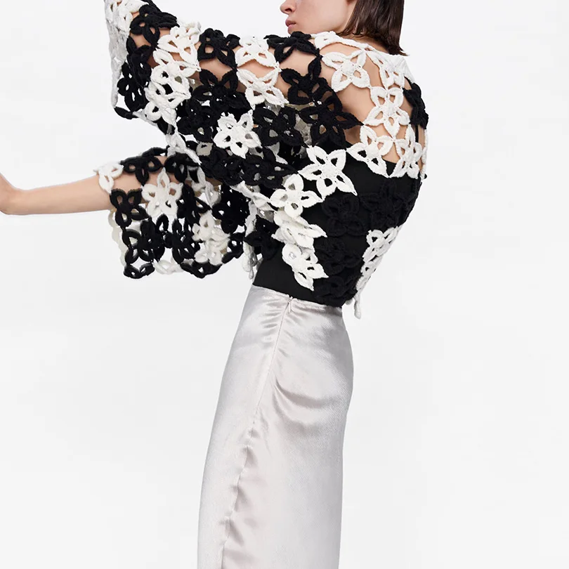 Arvinxia ZA Fashion Floral Hollow Out Long Sleeve Woman Sweaters New Loose O Neck Women Pullovers Sexy High Waist Femme Pullover | Женская
