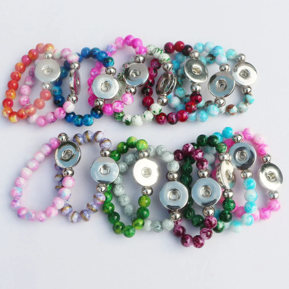 

20pcs/lot Length 15cm Children Girls Bracelet Colorful Glass Beads Elastic 18mm Snap Button Bracelet Mix Colors