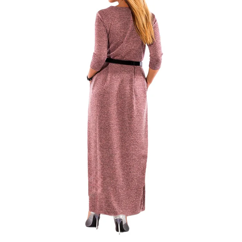 Женское платье с поясом Осеннее/зимнее длинным рукавом однотонное карманами