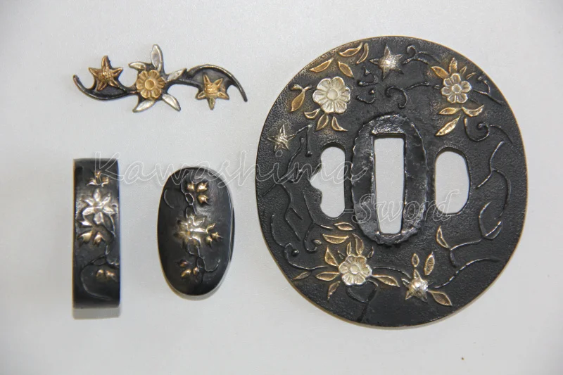 Набор аксессуаров Nihonto из латуни японский Samurai Sword Tsuba Fuchi Kashira Menuki с цветочным