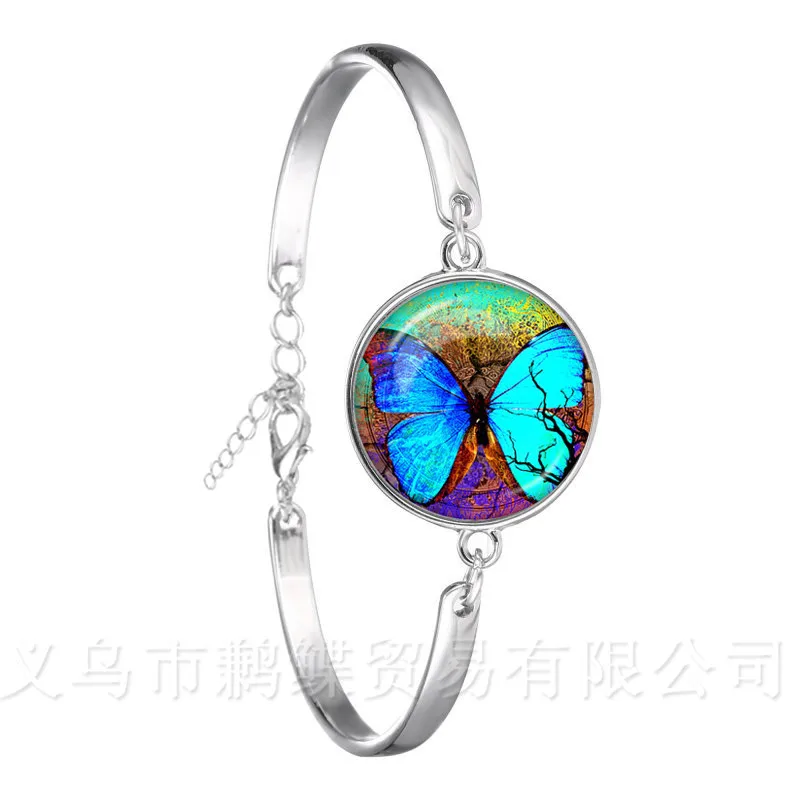 

New Beautiful Blue Butterfly Glass Dome Birds Art Picture Glass Cabochon Dome Silver Plated Chain Bracelet For Women Gift