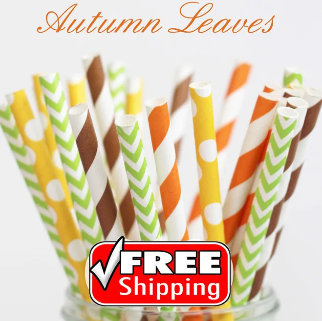 

150pcs Mixed 3 Designs AUTUMN LEAVES Fall Themed Paper Straws, Brown, Orange, Lime Green Striped, Chevron, Party Supplies