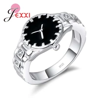 fashion micro white cubic zirconia black watch finger rings 925 sterling silver jewelry for women engagement wedding