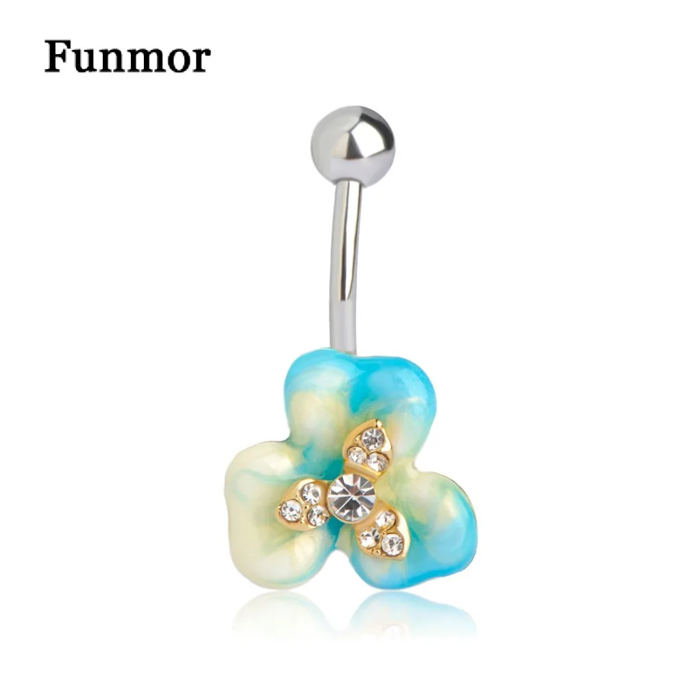 

Funmor Enamel Blue Flower Belly Button Ring Stainless Steel Helix Piercing Navel Piercing Women Girl Bikini Beach Accessories