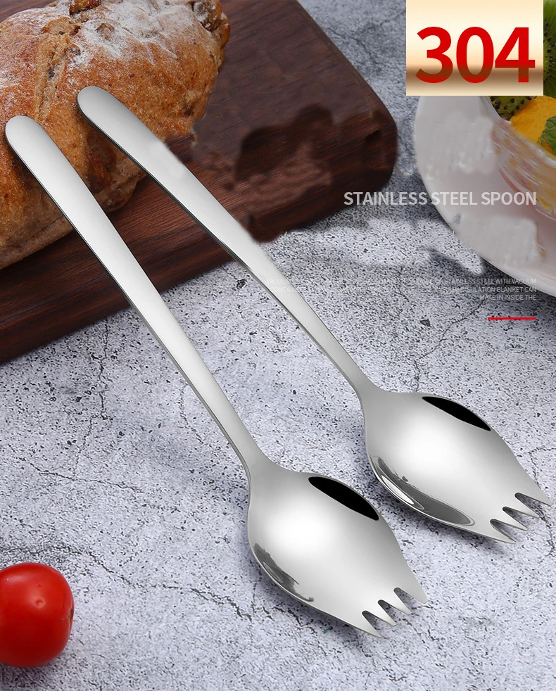 1 шт. многофункциональная ложка для салата Spork из нержавеющей стали 304, вилка с длинной ручкой для пикника, вилки для фруктов, используемая для лапши, столовая посуда