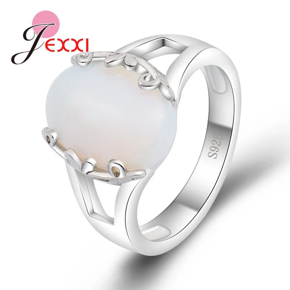 

Stamped 925 Sterling Silver Wedding Band Rings Prong Setting Big Oval White Fire Opal Stones Jewelry For Women Retro Gifts