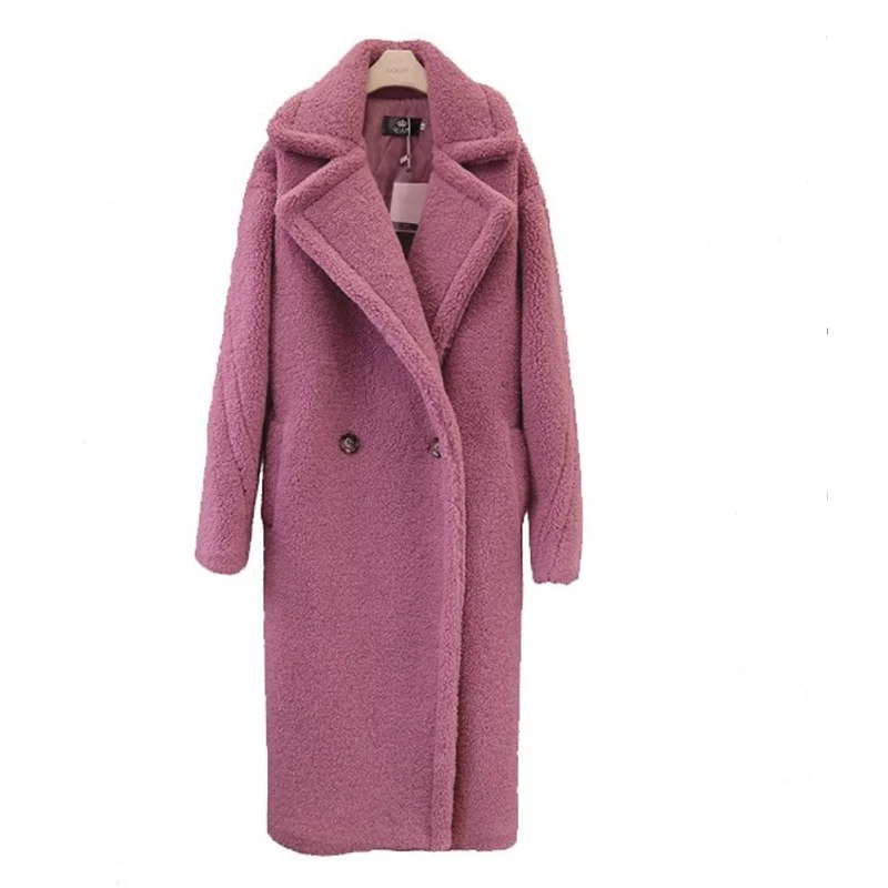pink Зимнее плотное длинное пальто из искусственного меха для женщин, теплая парка с хлопковой подкладкой для женщин,, отложной воротник, овчина, Большие меховые пальто, верхняя одежда - Цвет: pink