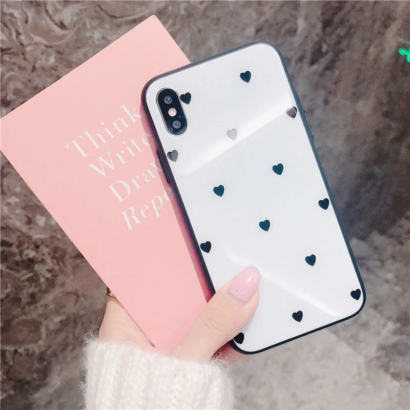 GlamPhoneCase White Love Heart Glass Phone Case for IPhone 6 6s 6plus 7/7plus Sweet Anti-knock Hard Cover For iPhone 8 8plus X |