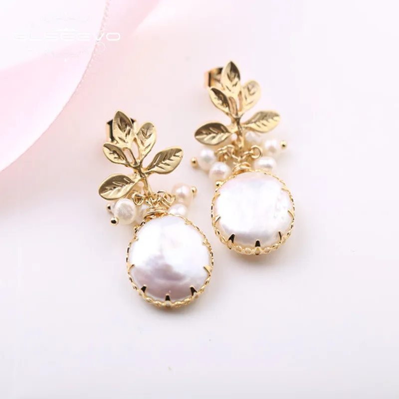 GLSEEVO природной пресной воды Baroque Pearl Drop Earrings Для женщин листьев растений Длинные