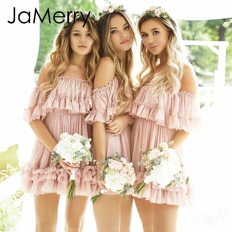 JaMerry, сексуальное женское мини-платье с оборками и открытыми плечами, летние платья на бретельках, праздничные пляжные женские розовые короткие сарафаны