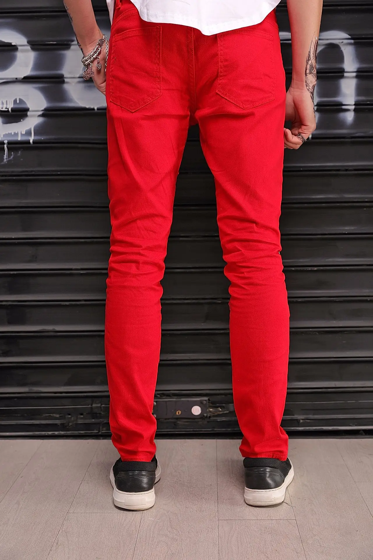 2019 New Fashion High Street Men's Jeans Zipper Knee Hole Male Spring Red Denim Elastic Skinny Ripped Trousers | Мужская одежда