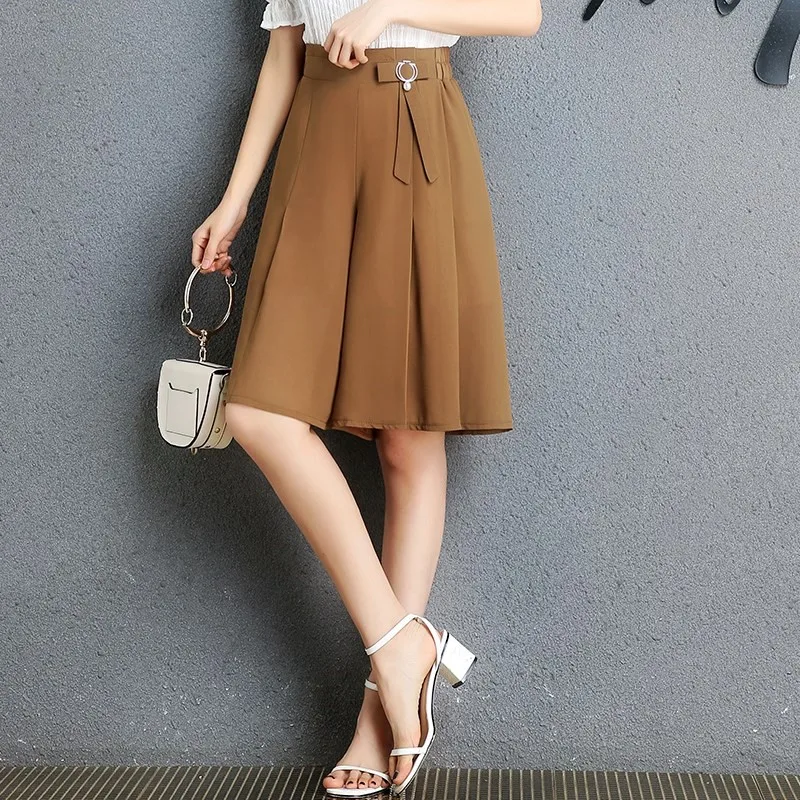 KHAKI new style Новые корейские женские шорты с широкими штанинами, юбки, женские летние шифоновые шорты с высокой талией для отдыха и офиса, большие размеры 4XL, длина до колена - Цвет: KHAKI new style
