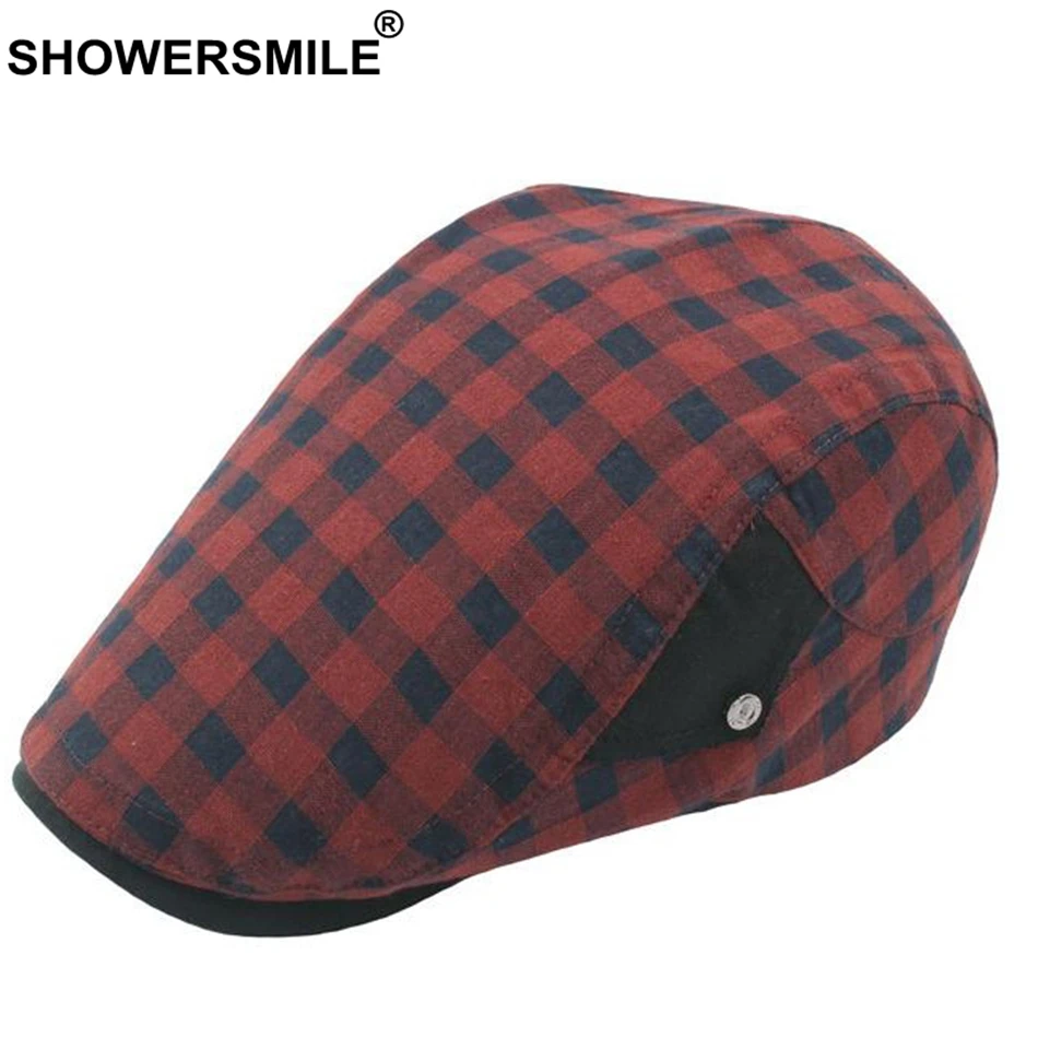 SHOWERSMILE, красные клетчатые береты для женщин, хлопковая дышащая шапка из плюща утконоса, Мужская Новая летняя Регулируемая винтажная плоская кепка в британском стиле