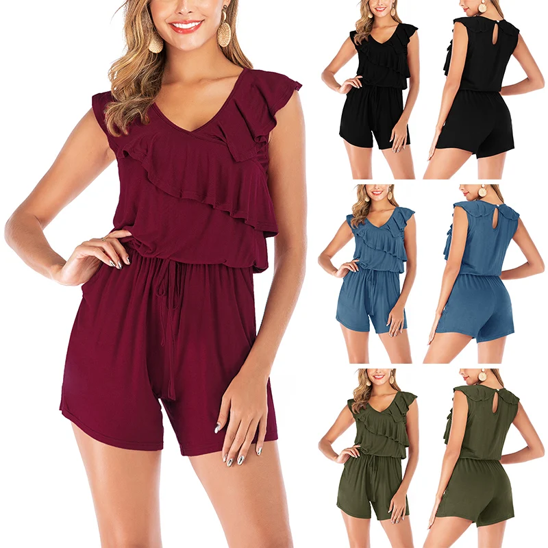 

New Hot Women Summer V Neck solid Short Sleeve Jumpsuit Ruffle Rompers Casual Keyhole Back Outfits with Pockets