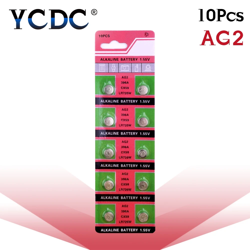 YCDC 10 шт. AG2 1,55 V щелочные батареи G2 396A LR726 SR726W GP397 1164SO SR59W SR726 монета Батарея кнопочная ячейка для мобильного часо-игрушки