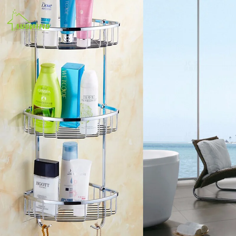 Полка для ванной из нержавеющей стали, 3 уровня, полка для ванной и душа, держатель для шампуня, держатель для корзины, угловая полка, хромированный товар для ванной