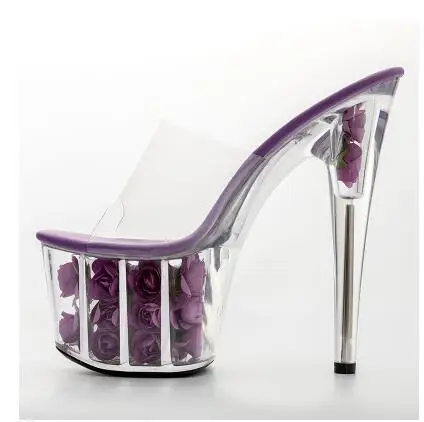 Platform Women Slippers Shoes Thin Heel Ultra High Heels 17CM Flowers Transparent Crystal Sandals Female | Обувь