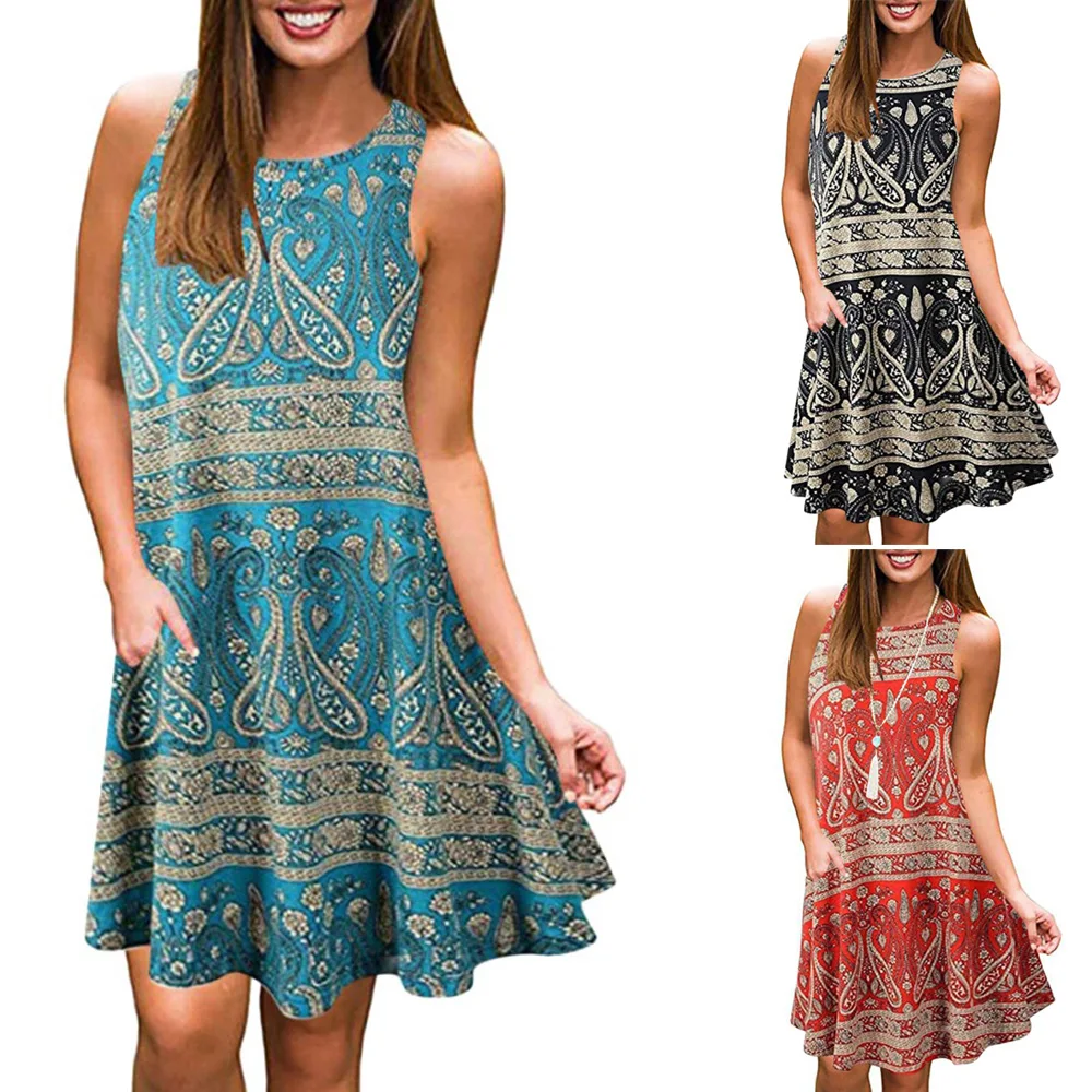 2019 летнее женское платье с принтом сексуальное круглым вырезом без рукавов